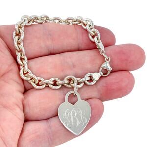 Estate Sterling Silver 925 Chunky Chain Heart Charm Bracelet 7"